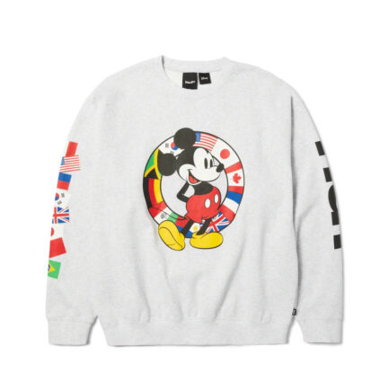 HUF x Disney Mickey Mouse Worldwide Tour Crewneck Men's - Heather Grey (PF00823-HTGRY)